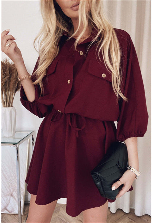 Robe à revers, couleur unie, manches trois-quarts, cordon de serrage
