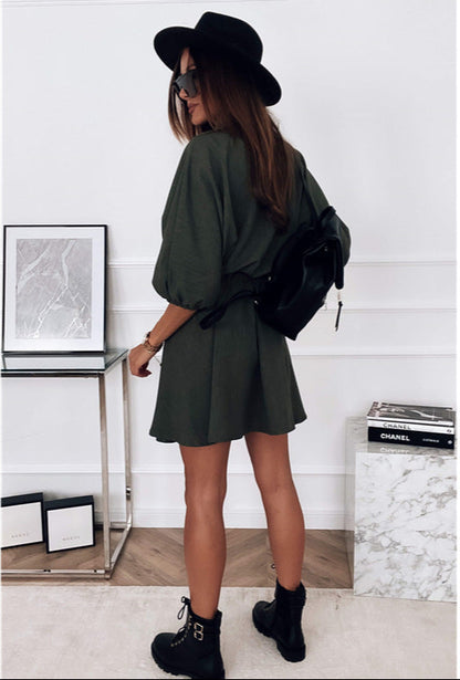 Robe à revers, couleur unie, manches trois-quarts, cordon de serrage