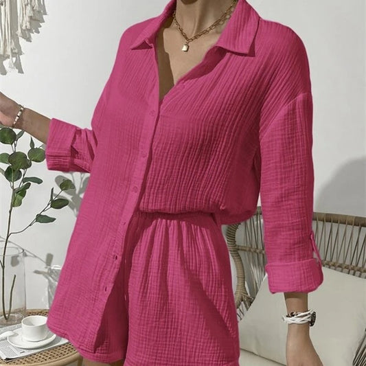 Ensemble deux pièces décontracté, chemise de couleur unie et short